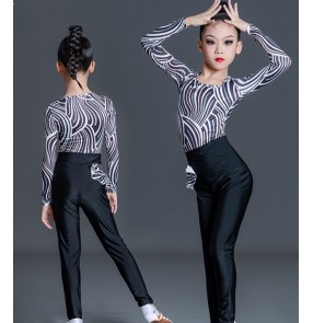 Girls kids black with white zebra striped latin dance costumes modern salsa chacha ballroom latin dance gown tops and pants for girls